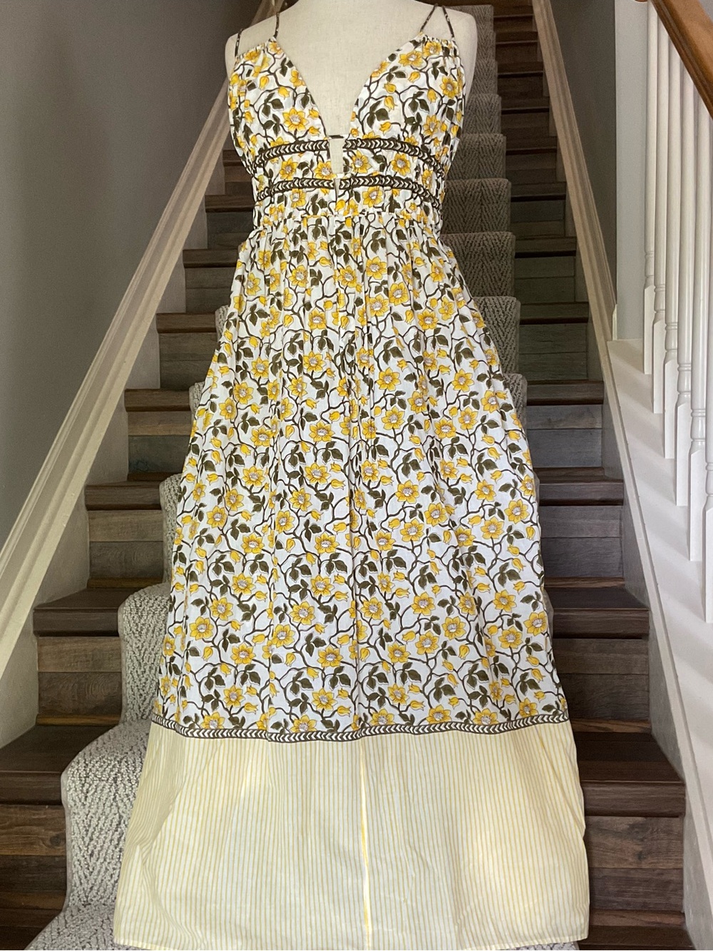 J Crew Floral Yellow and White Maxi Dress with Spaghetti Straps